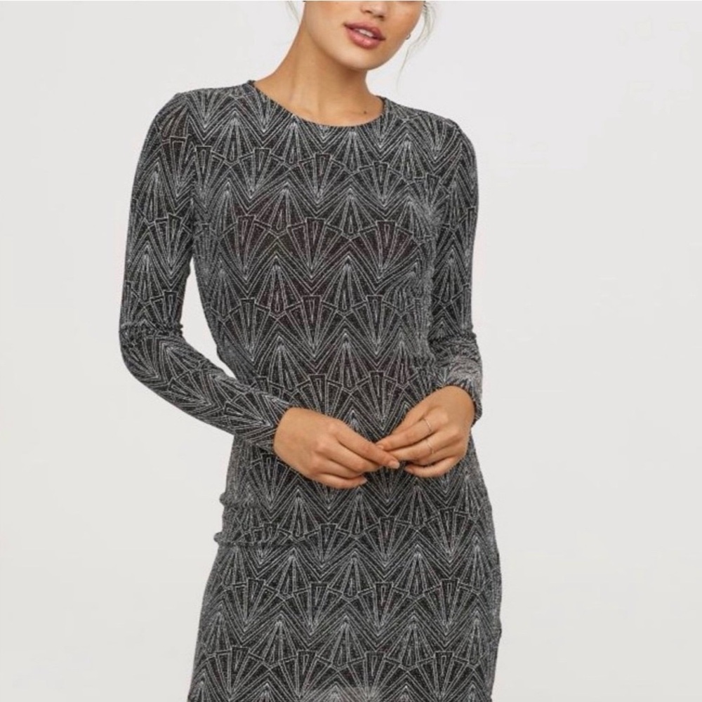 H&M Divided Black & Silver Geometric Glitter Open Back Bodycon Dress - Size 4